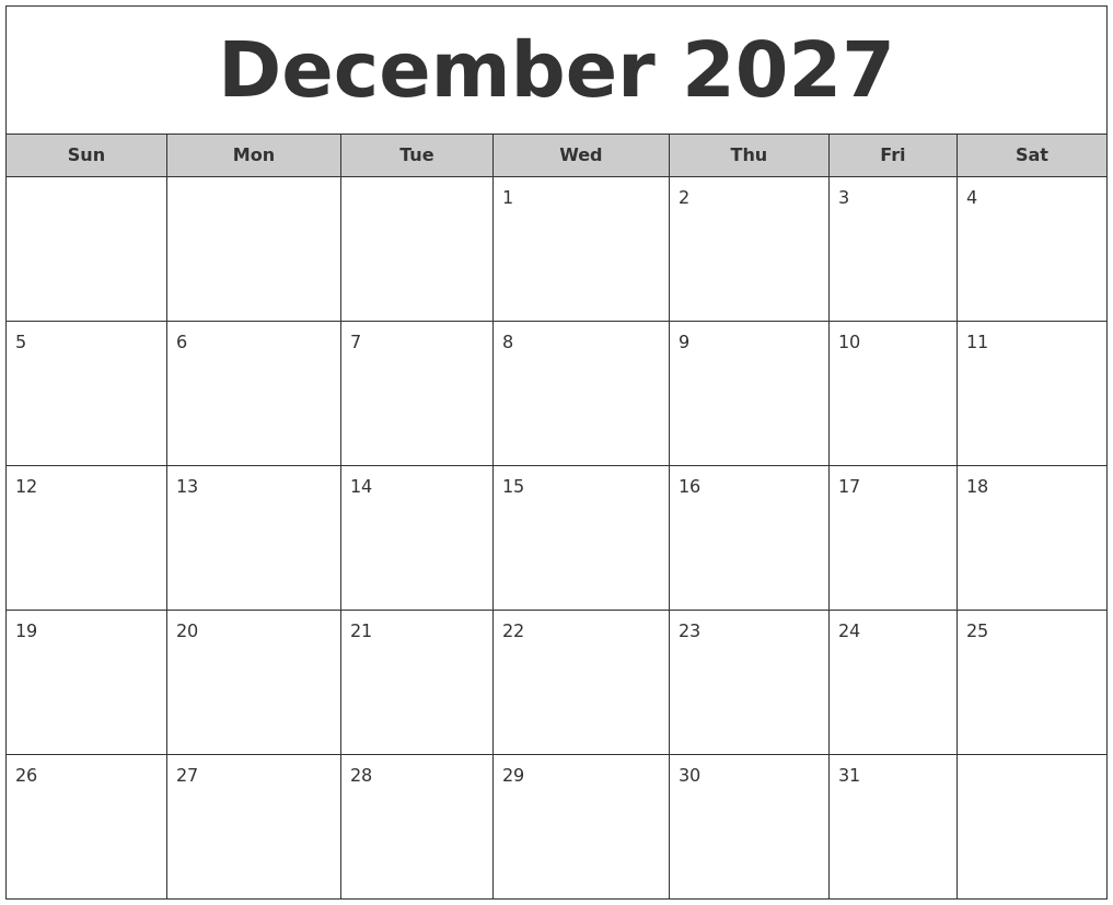 December 2027 Free Monthly Calendar