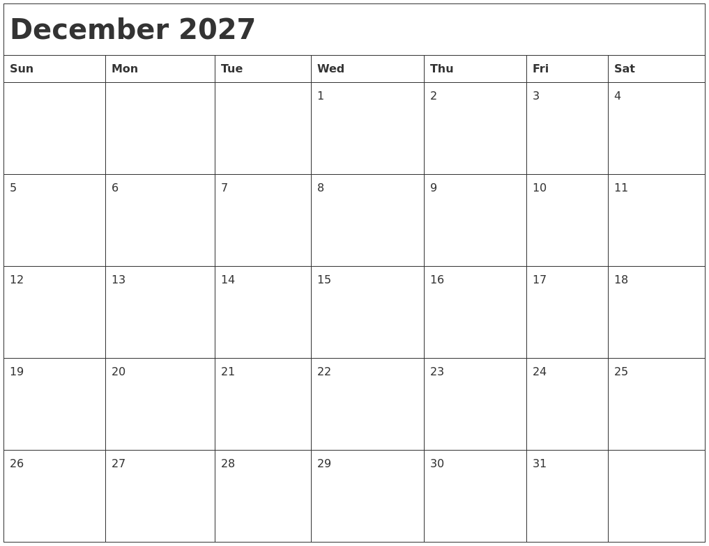 December 2027 Month Calendar