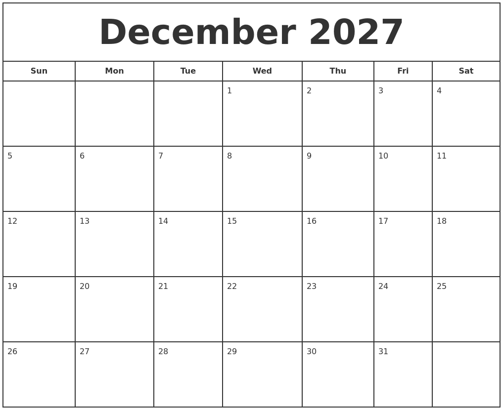 December 2027 Print Free Calendar