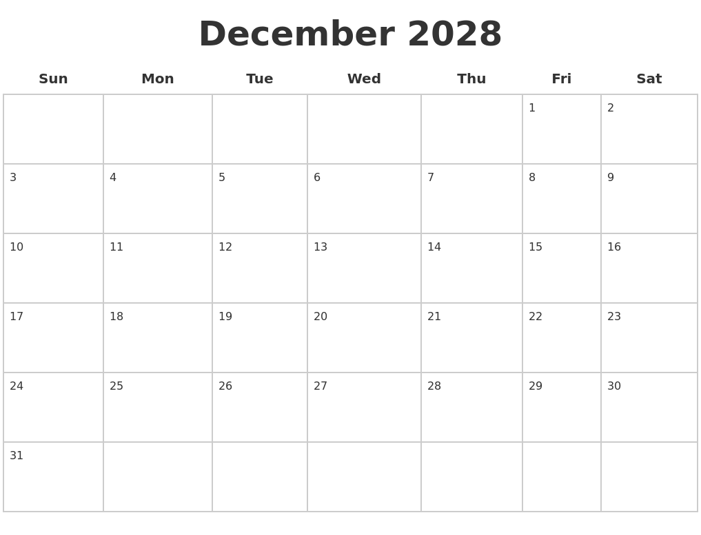 December 2028 Blank Calendar Pages