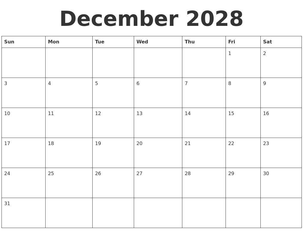 December 2028 Blank Calendar Template
