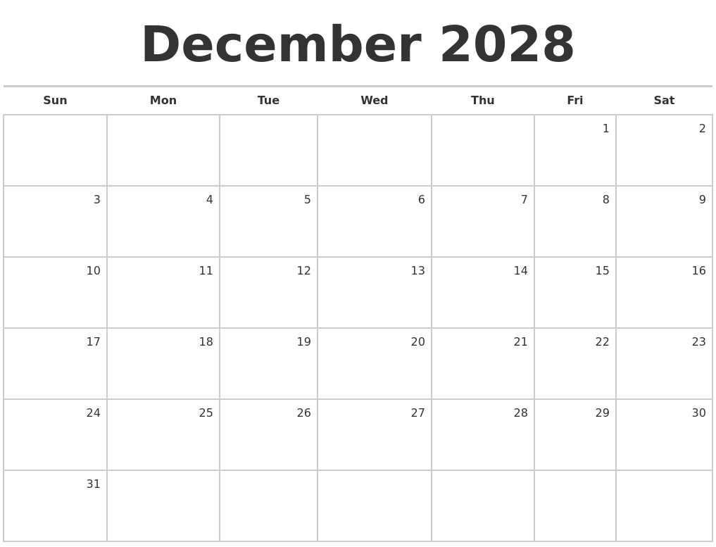 December 2028 Blank Monthly Calendar