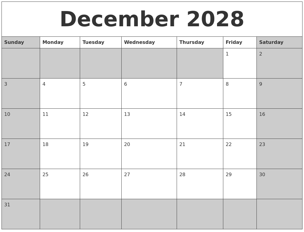 December 2028 Calanders