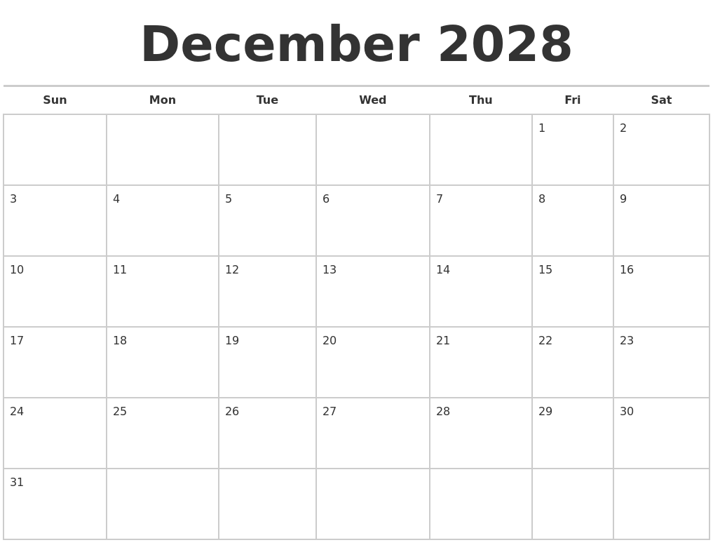 December 2028 Calendars Free