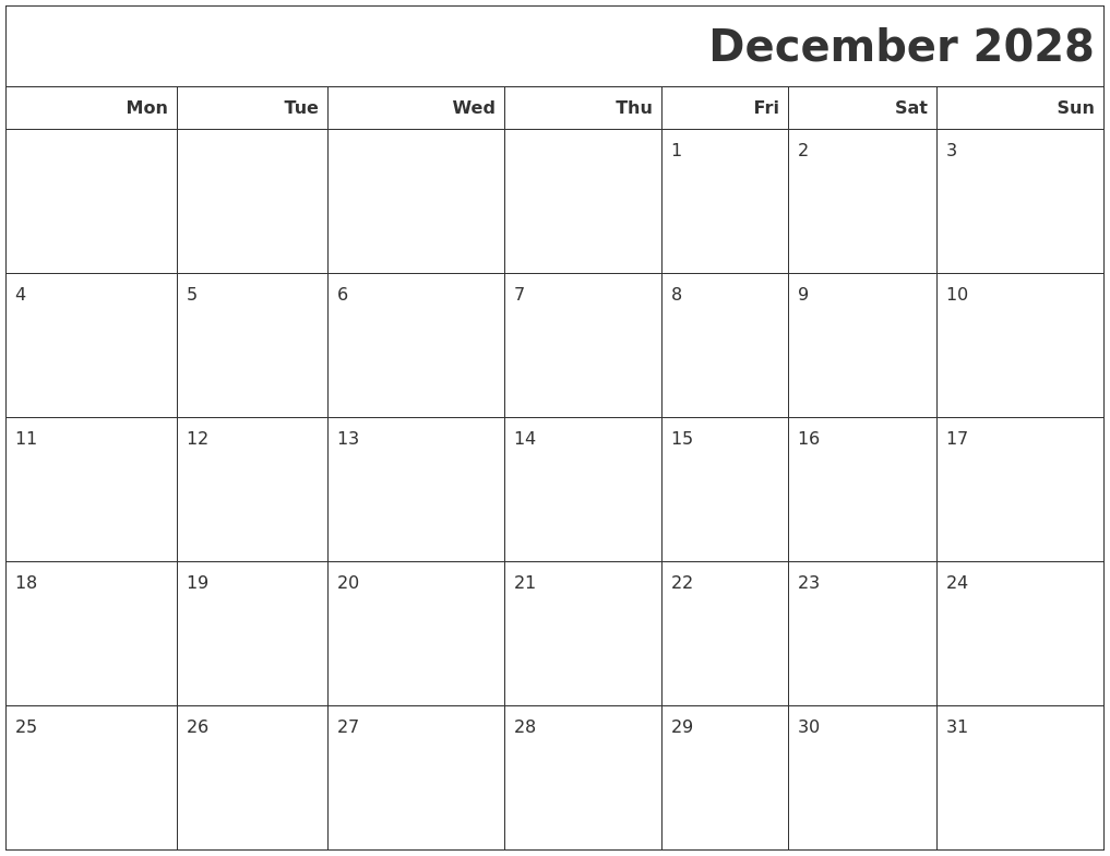 December 2028 Calendars To Print