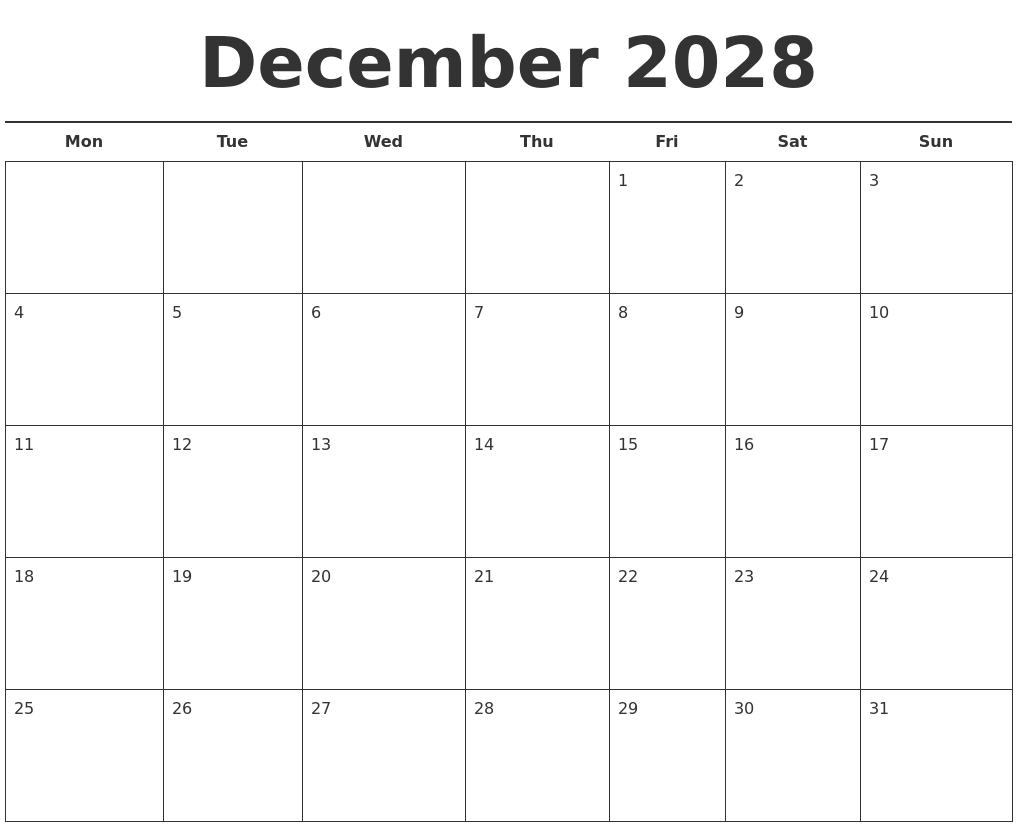 December 2028 Free Calendar Template