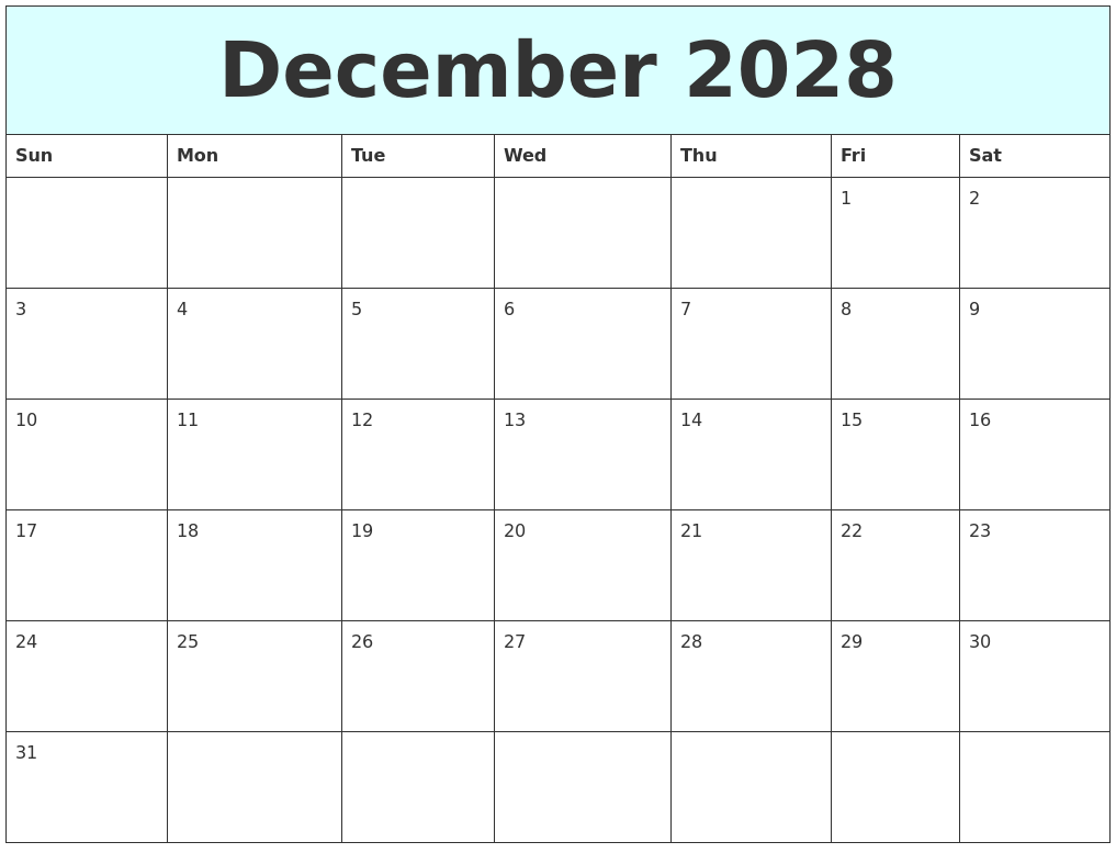 December 2028 Free Calendar