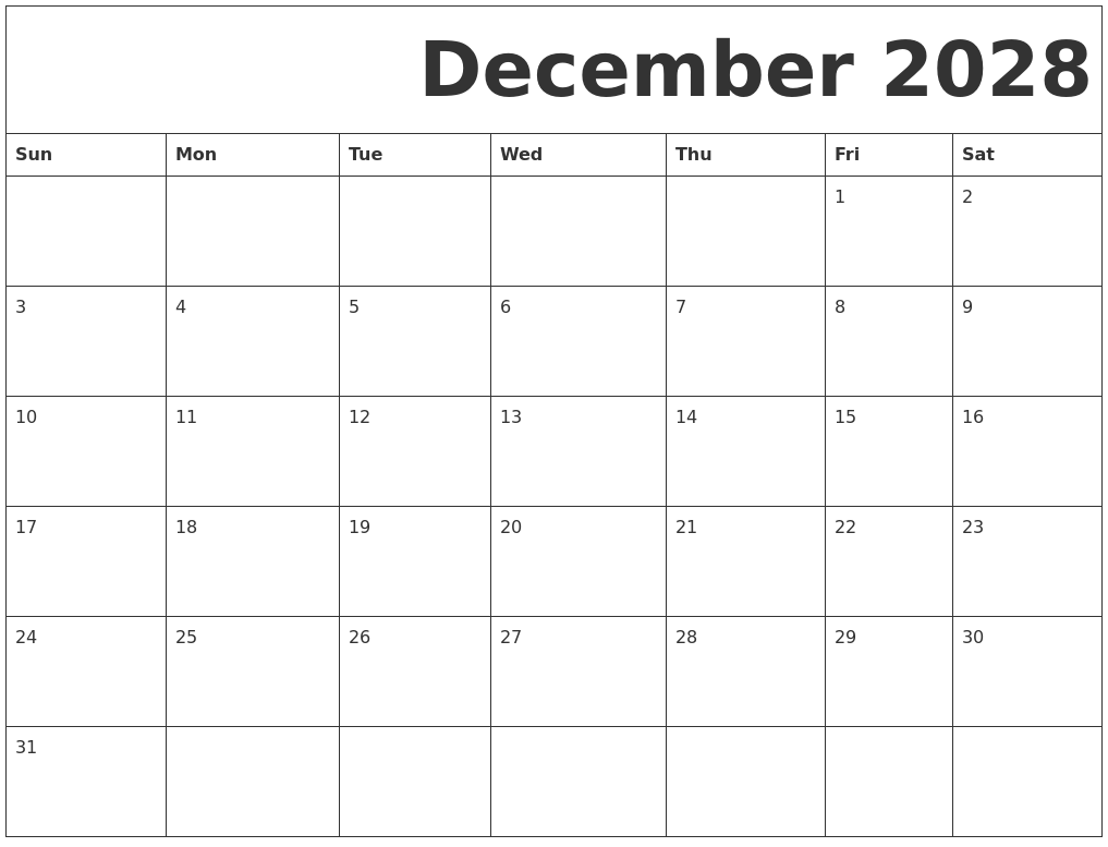 December 2028 Free Printable Calendar