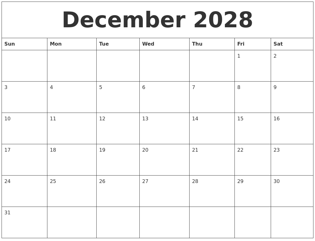 December 2028 Free Printable Monthly Calendar