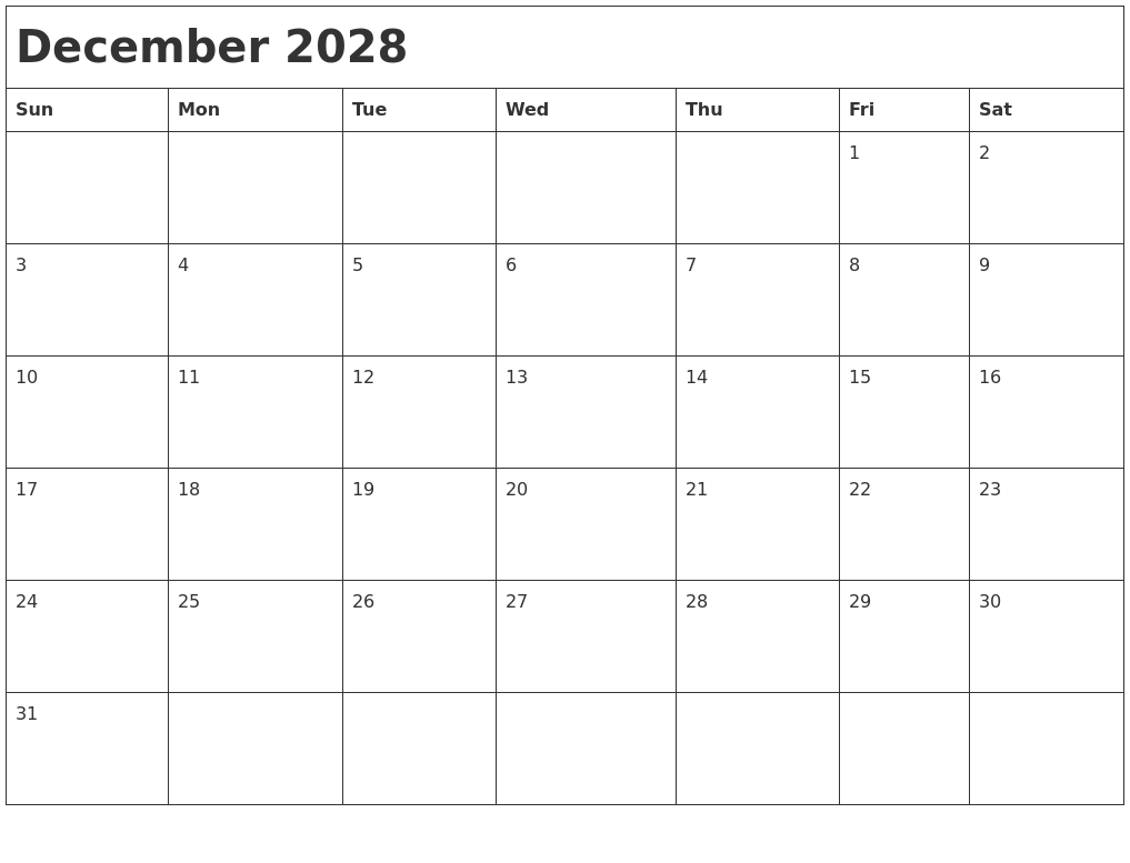 December 2028 Month Calendar