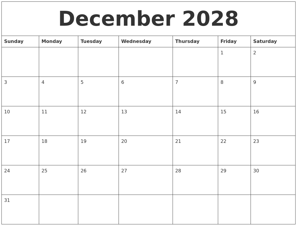 December 2028 Monthly Calendar To Print
