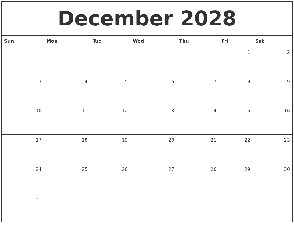 December 2028 Monthly Calendar