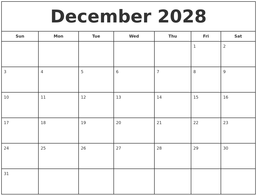 December 2028 Print Free Calendar