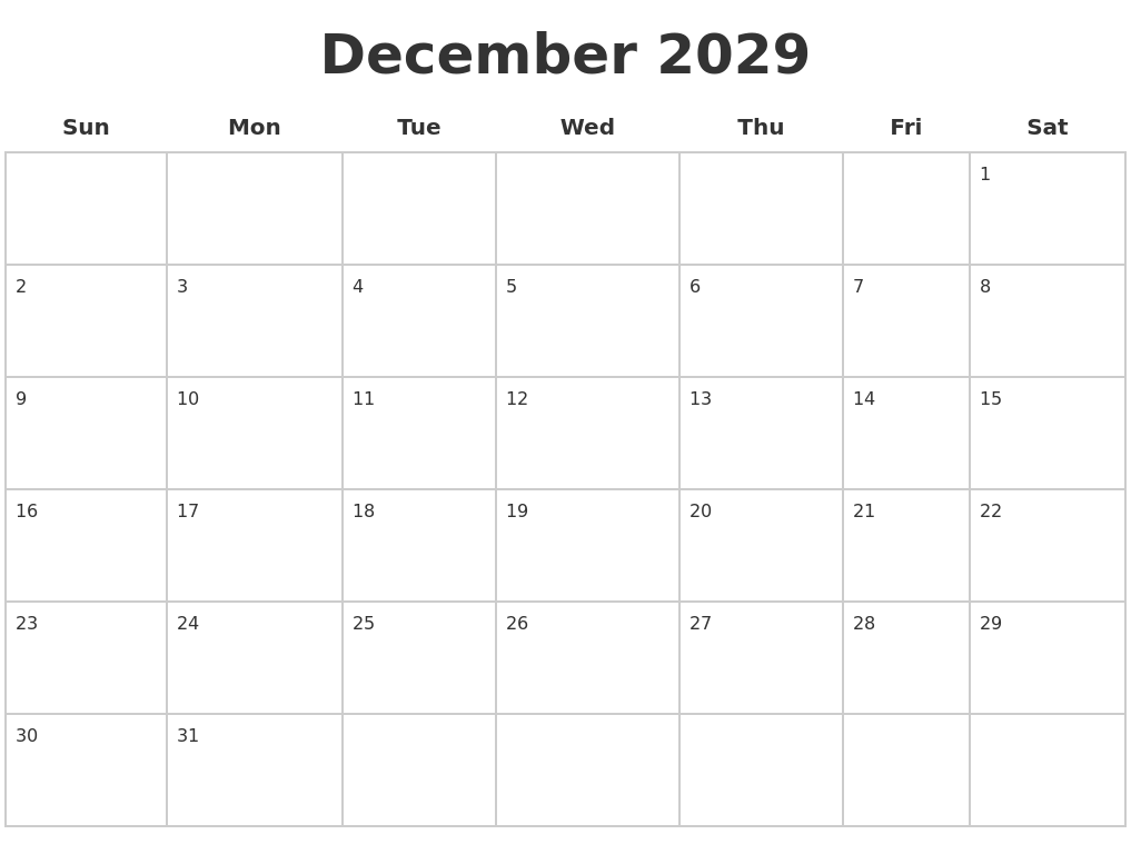 December 2029 Blank Calendar Pages