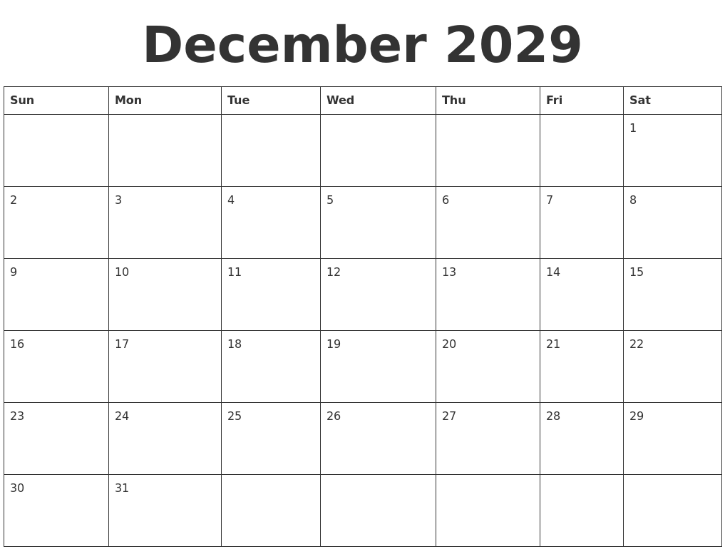 December 2029 Blank Calendar Template