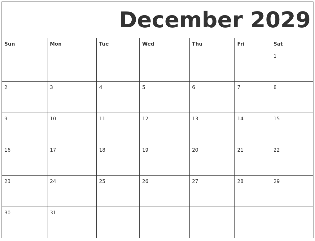 December 2029 Free Printable Calendar