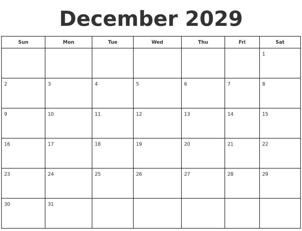 December 2029 Print A Calendar