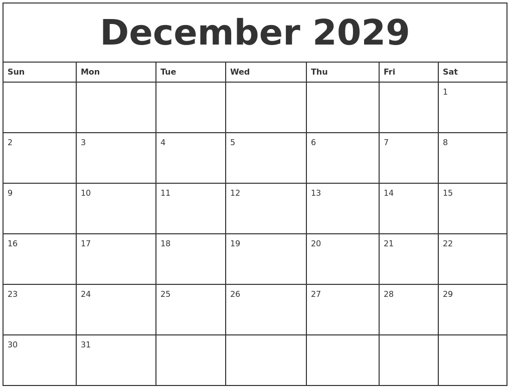 December 2029 Printable Monthly Calendar