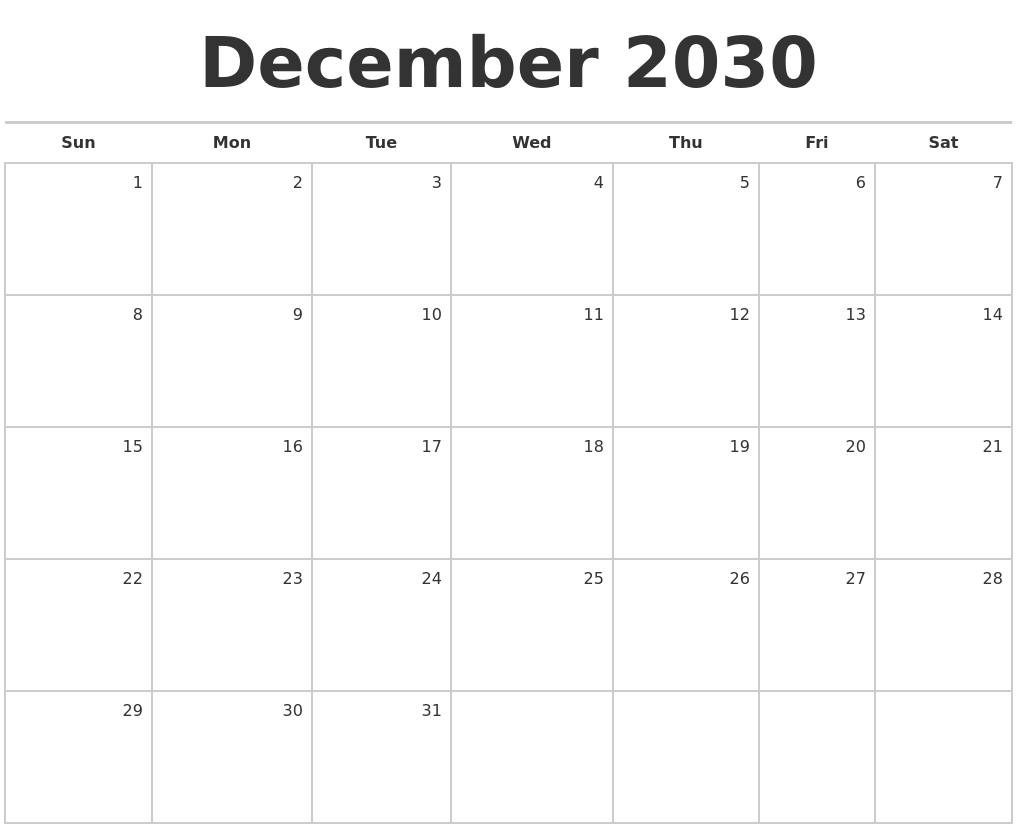 December 2030 Blank Monthly Calendar