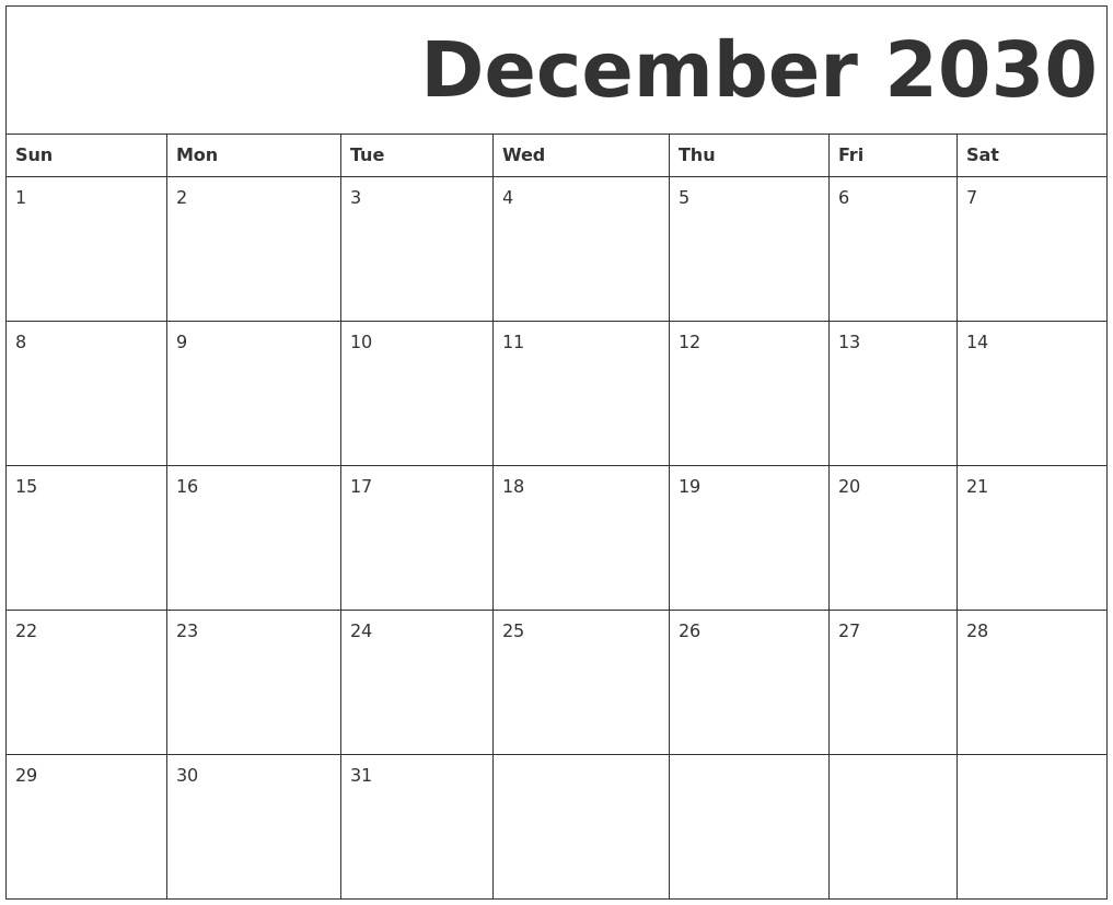 December 2030 Free Printable Calendar