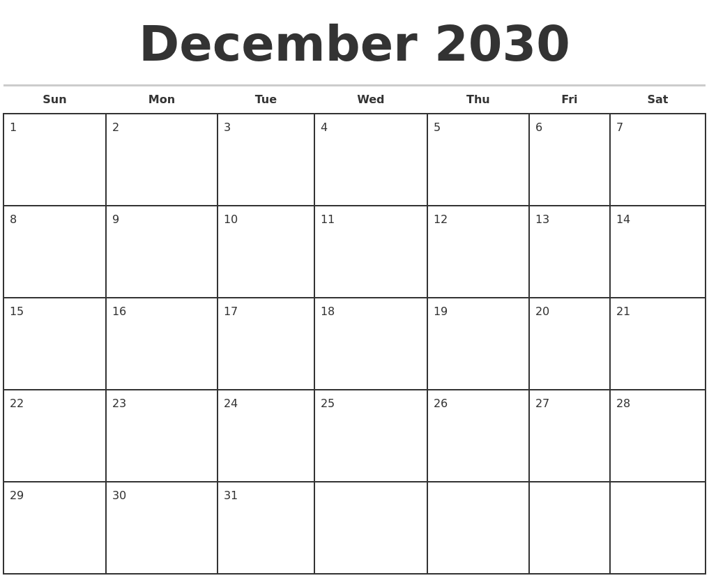 December 2030 Monthly Calendar Template