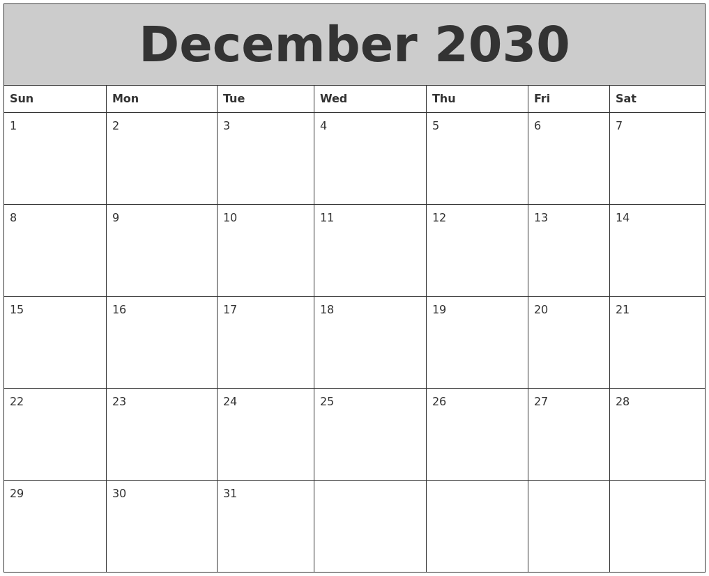 December 2030 My Calendar