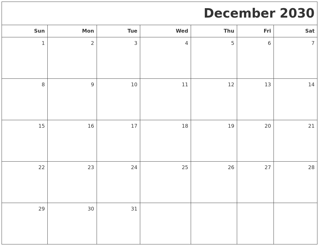 December 2030 Printable Blank Calendar