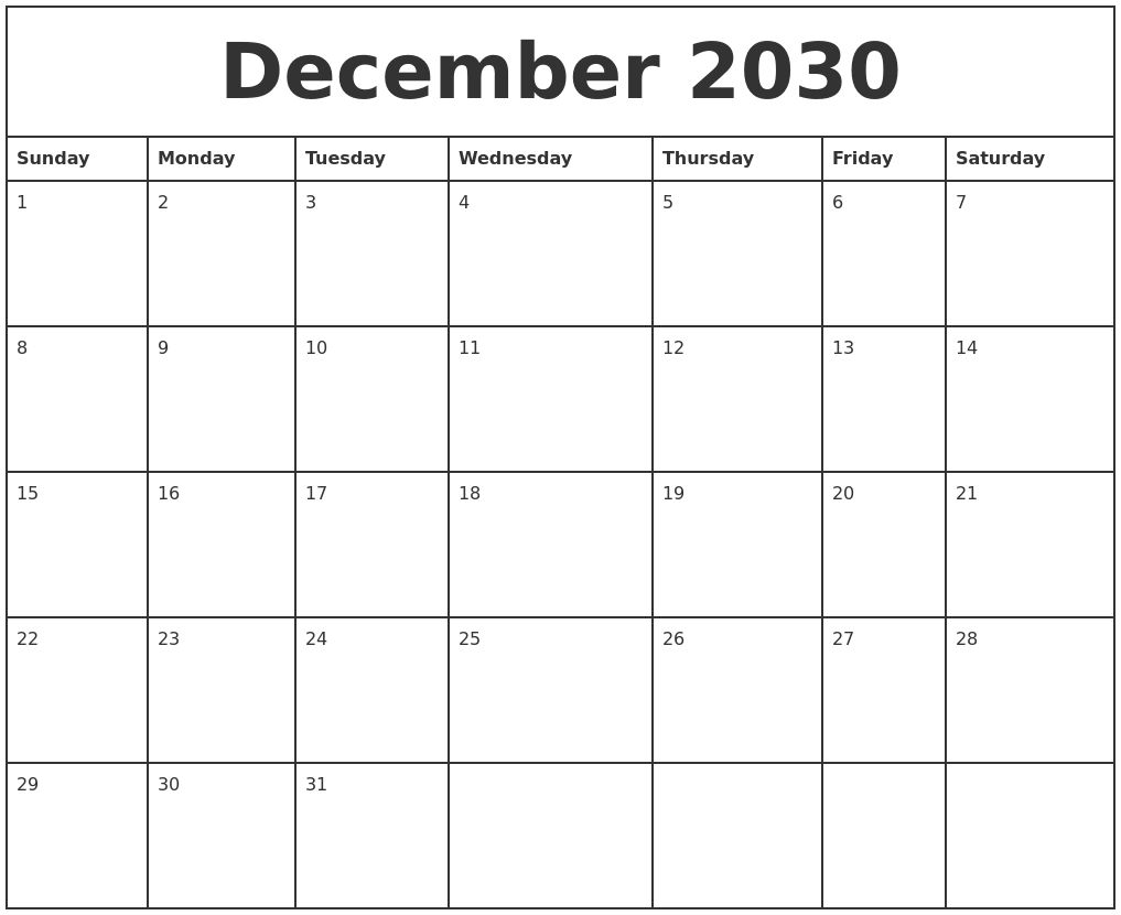 December 2030 Printable Monthly Calendar