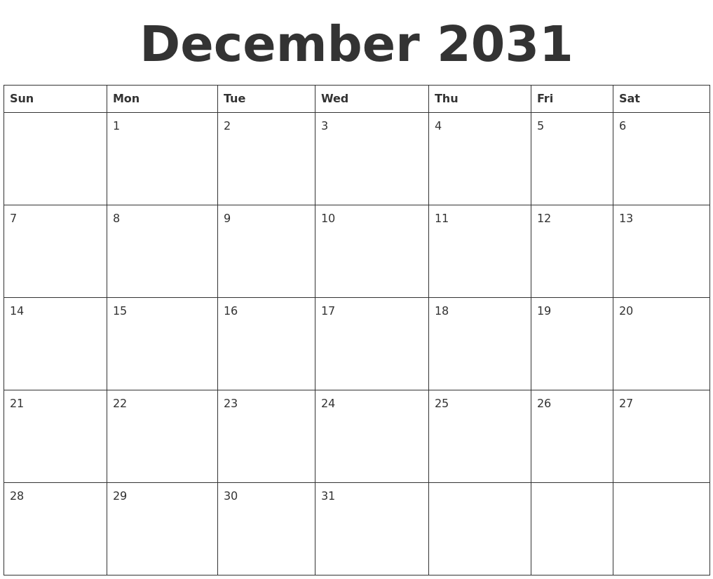December 2031 Blank Calendar Template