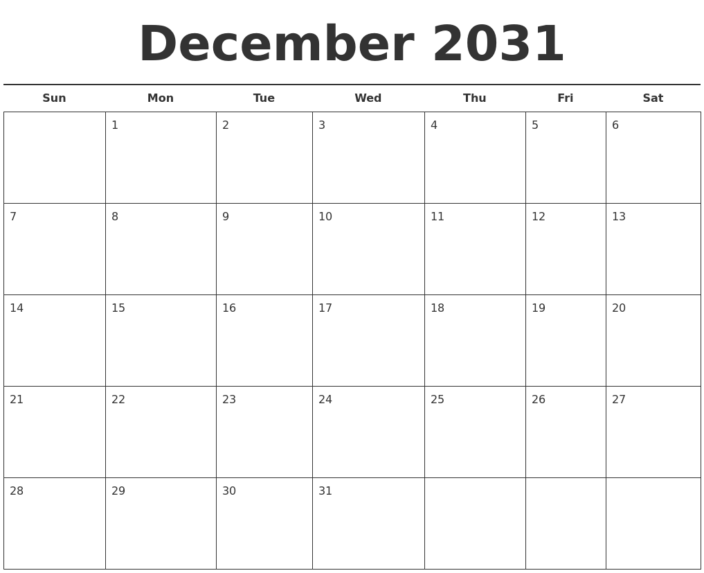 December 2031 Free Calendar Template