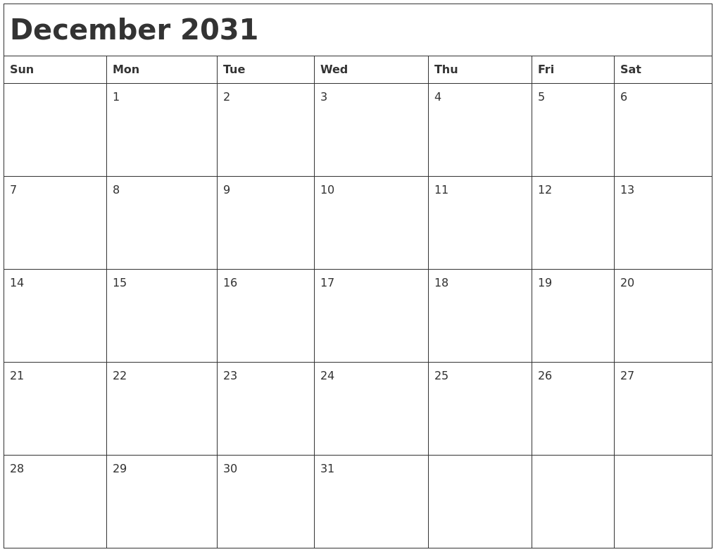 December 2031 Month Calendar