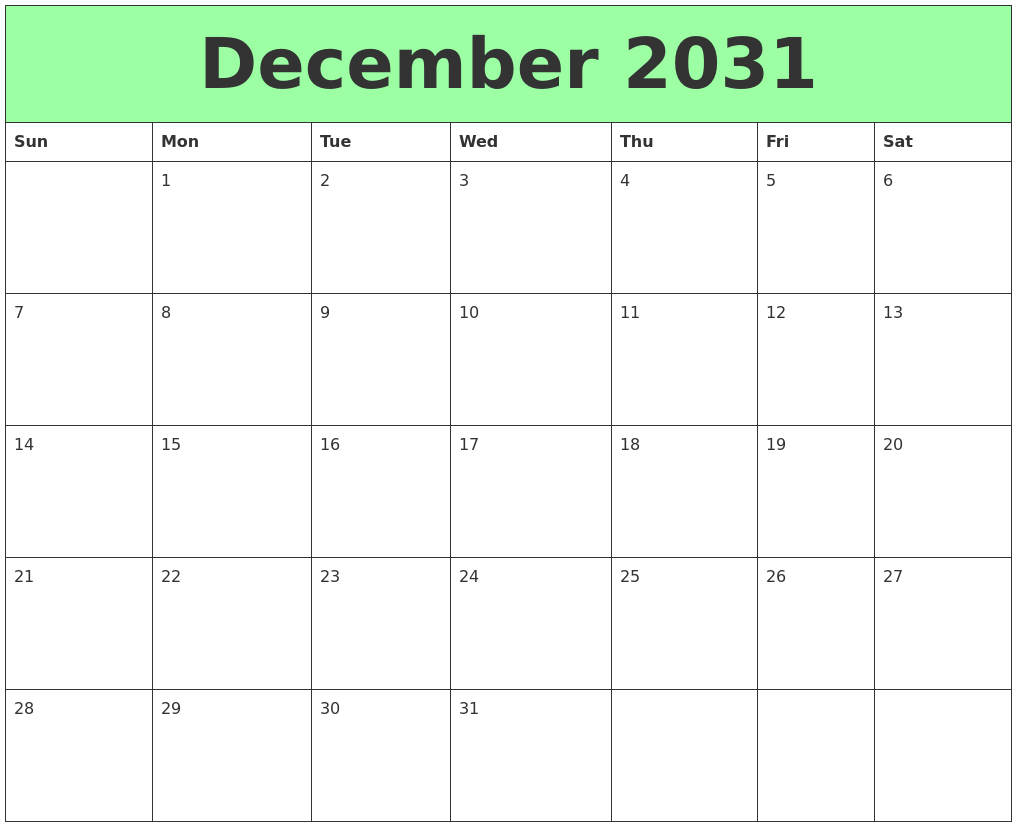 December 2031 Printable Calendars