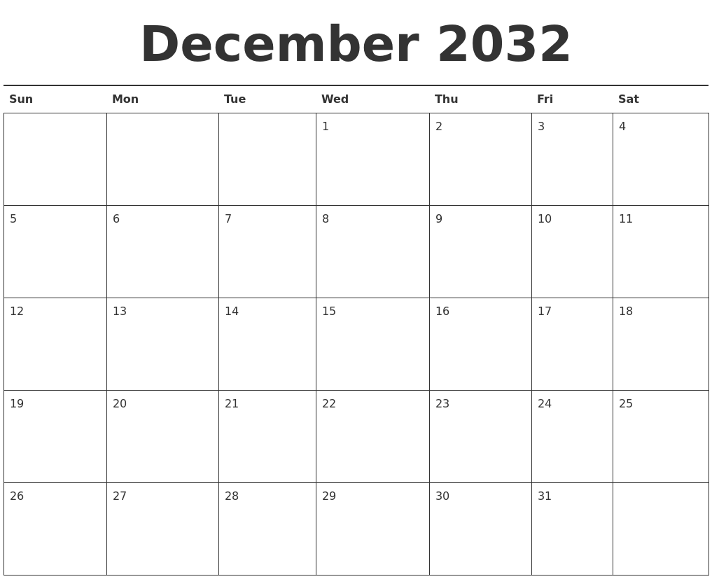 December 2032 Calendar Printable