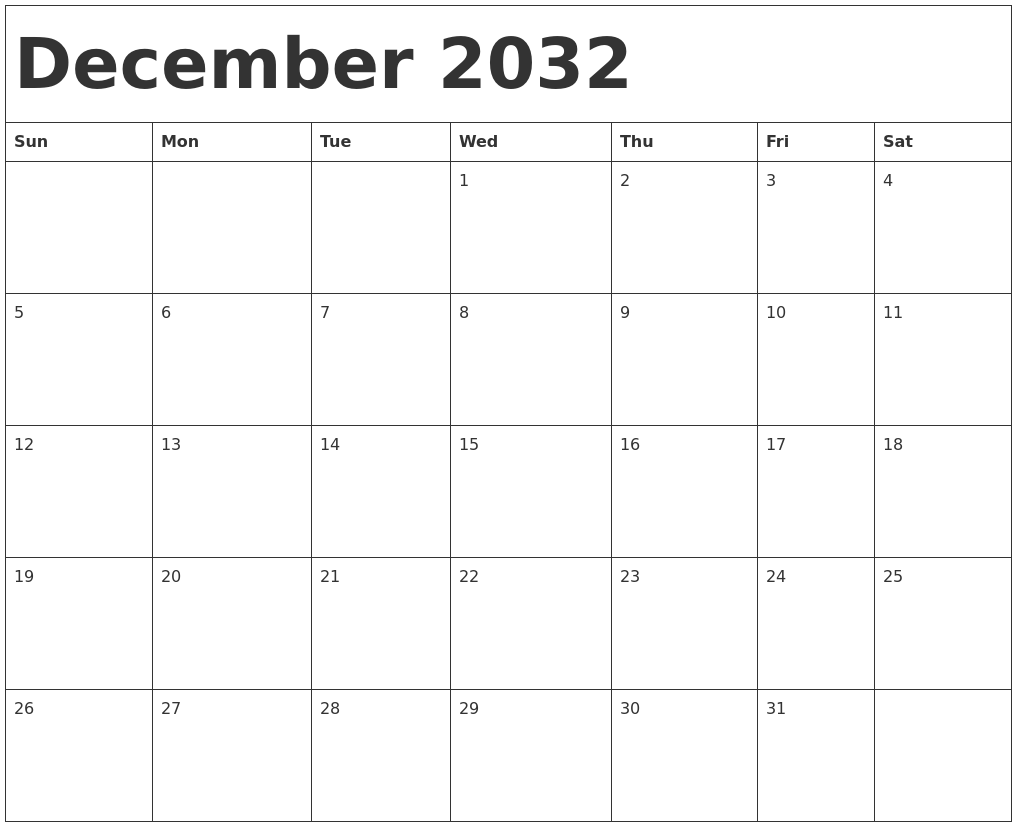 December 2032 Calendar Template