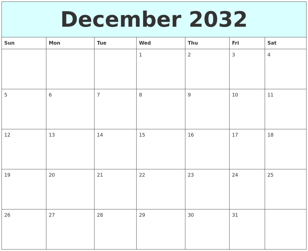 December 2032 Free Calendar