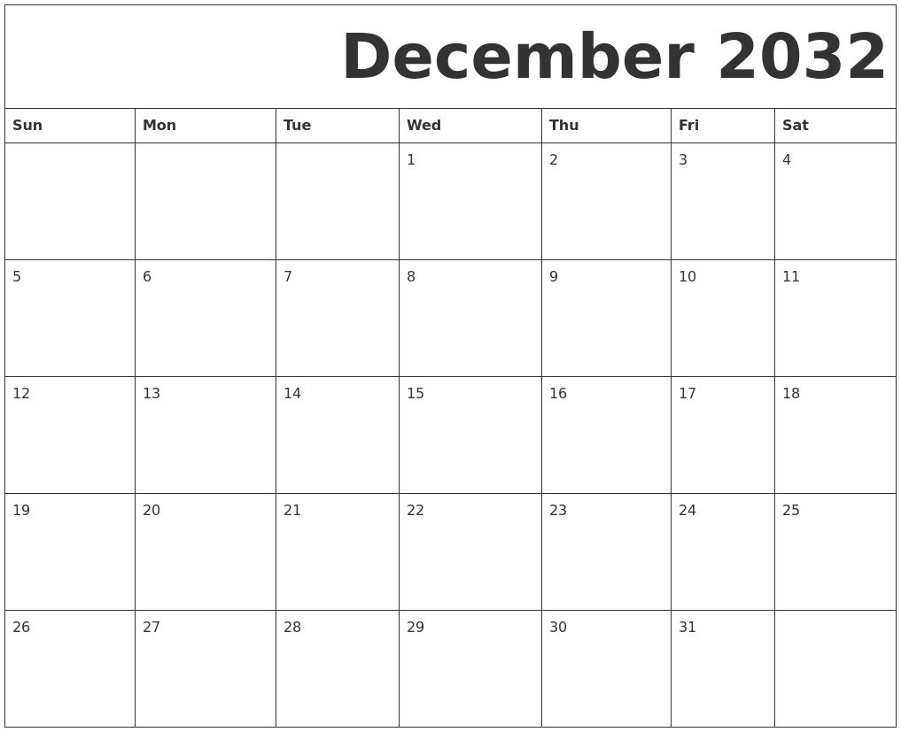 December 2032 Free Printable Calendar
