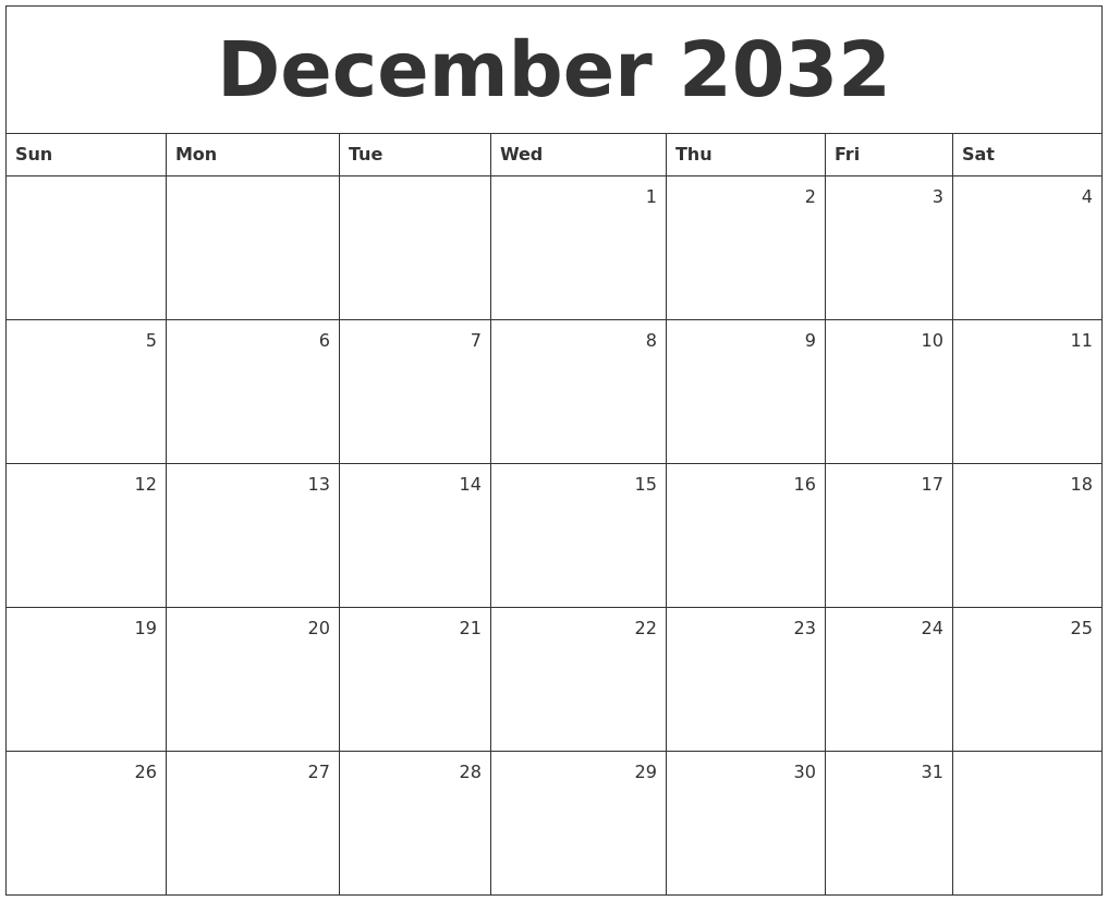 December 2032 Monthly Calendar