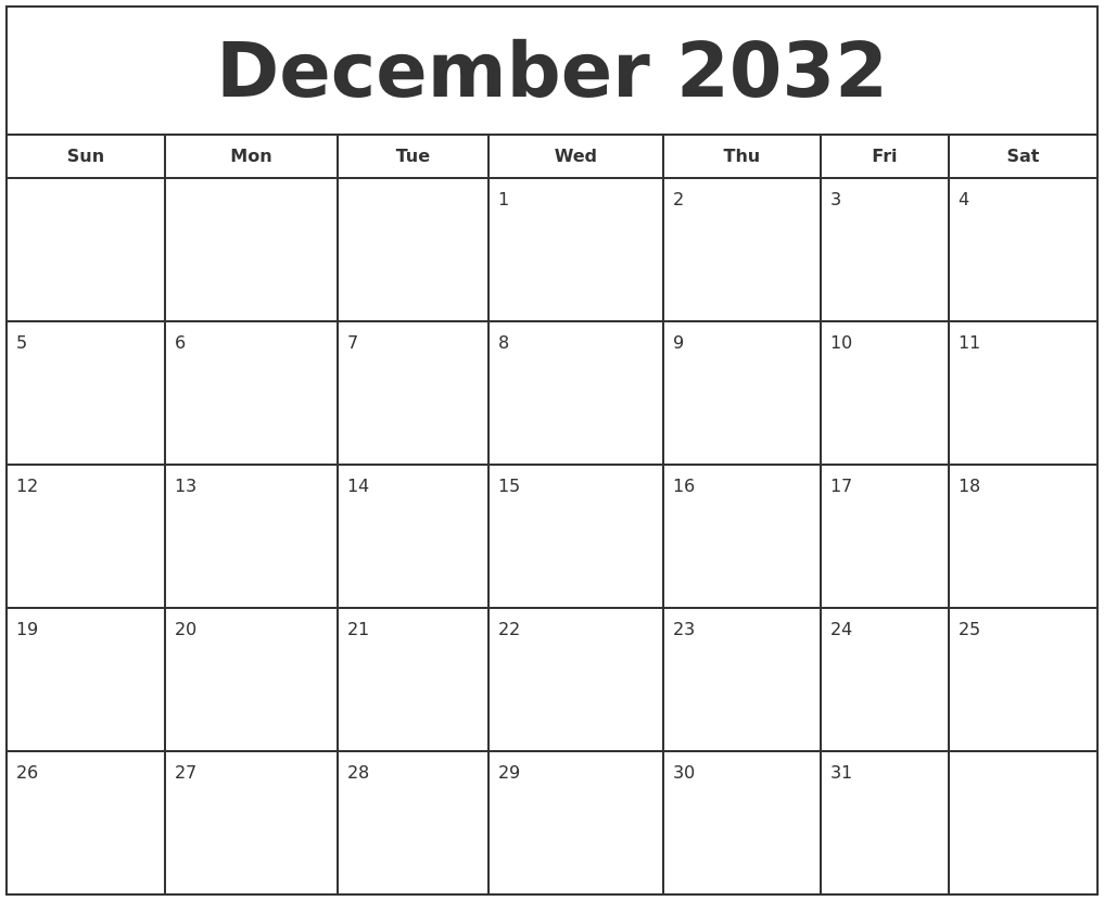 December 2032 Print Free Calendar