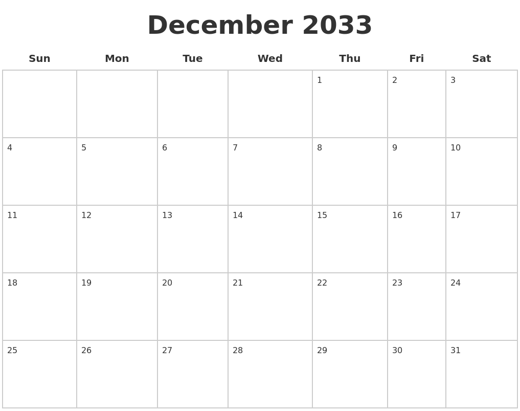 December 2033 Blank Calendar Pages