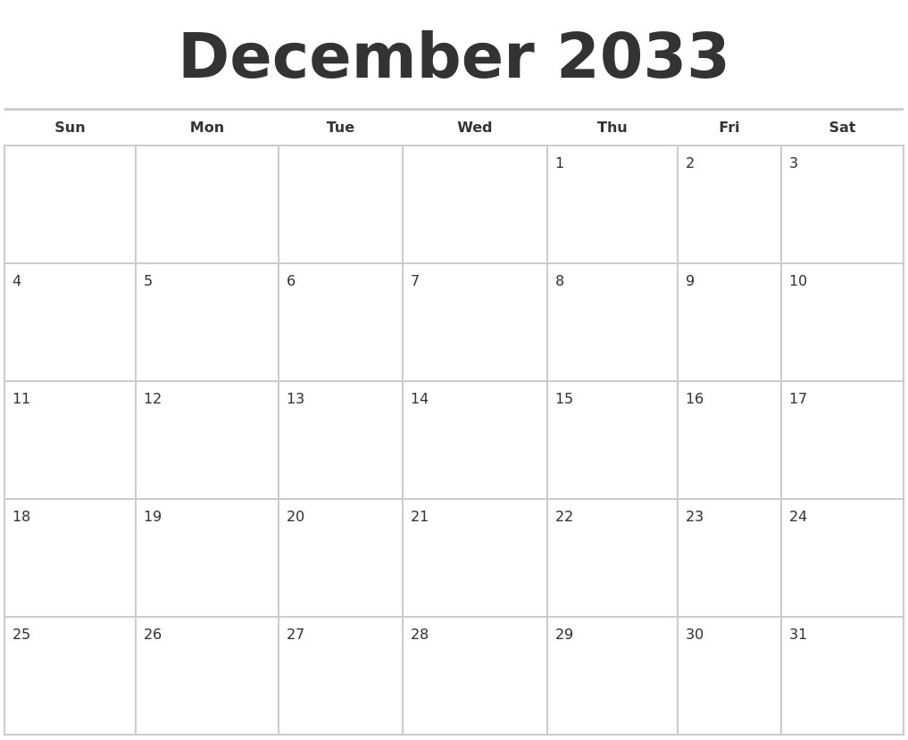 December 2033 Calendars Free