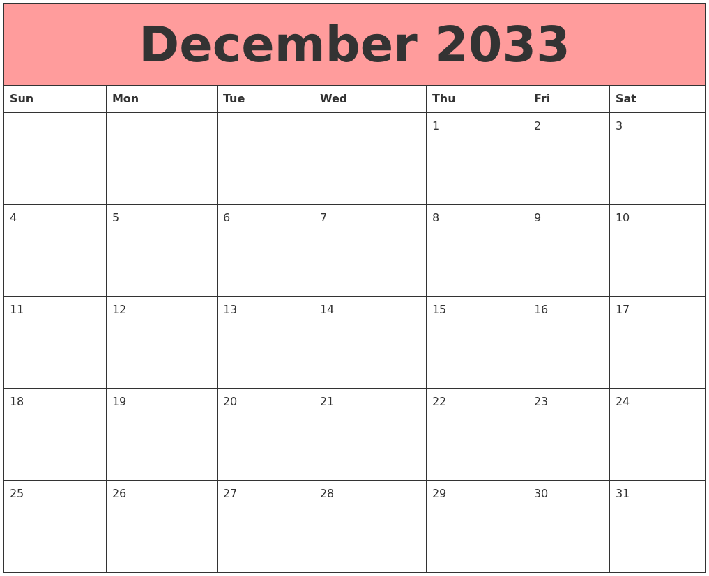 December 2033 Calendars That Work