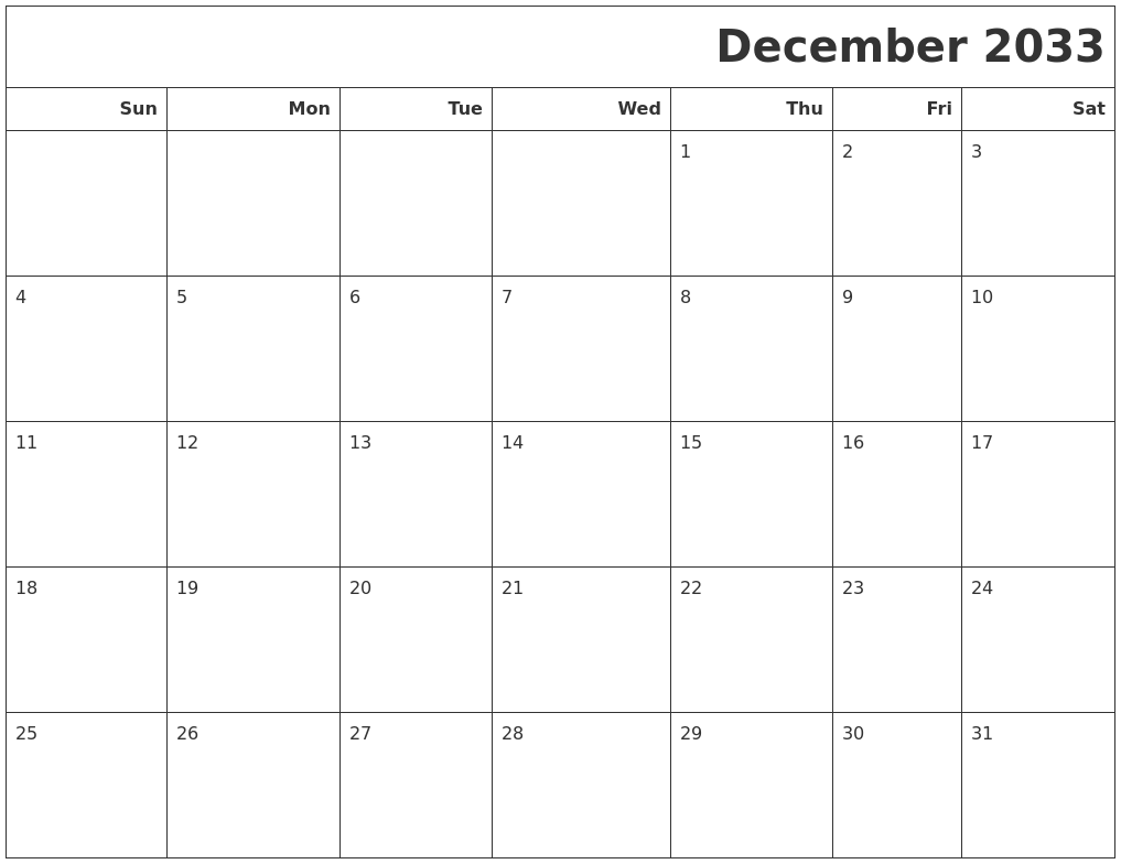 December 2033 Calendars To Print