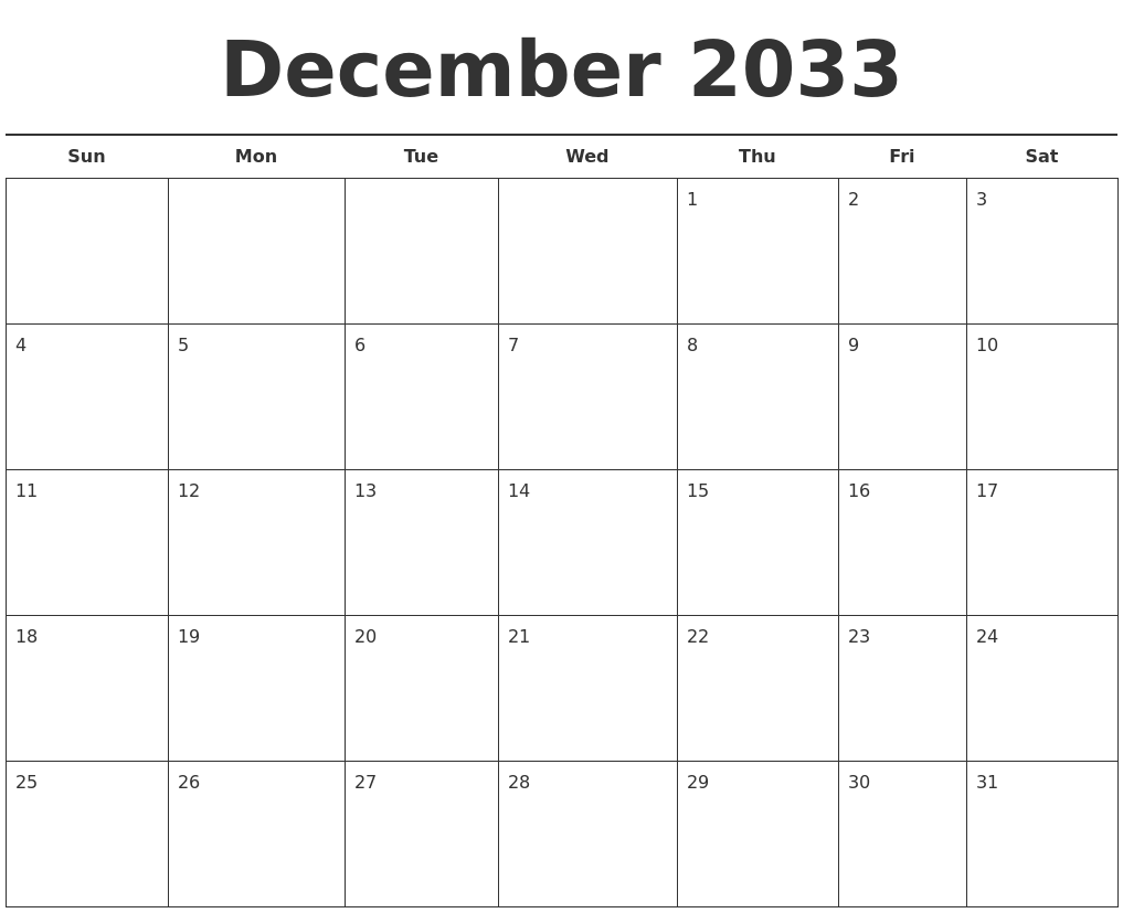 December 2033 Free Calendar Template