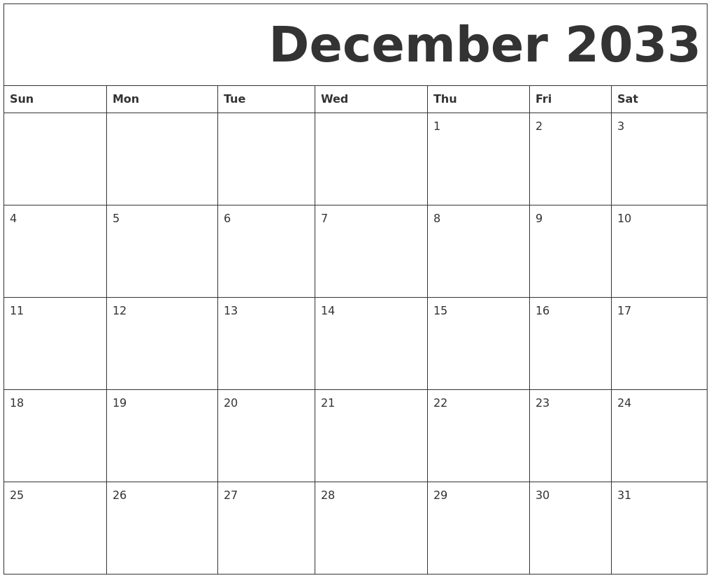 December 2033 Free Printable Calendar