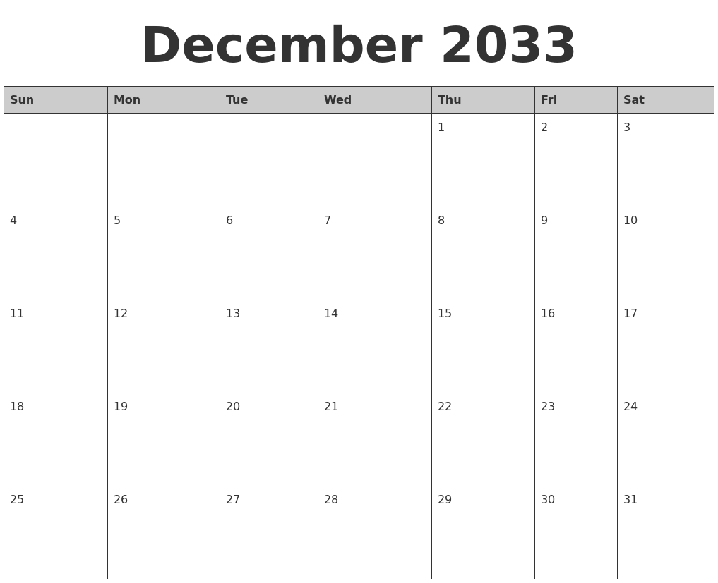 December 2033 Monthly Calendar Printable