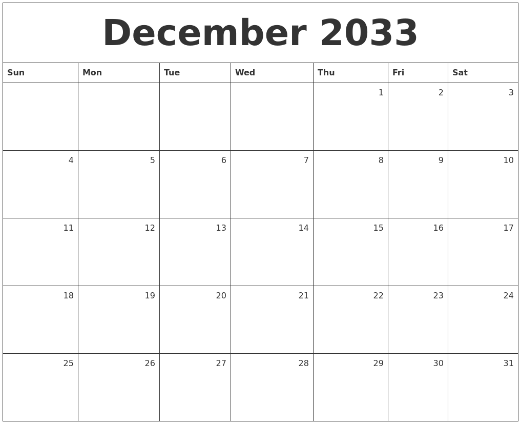 December 2033 Monthly Calendar