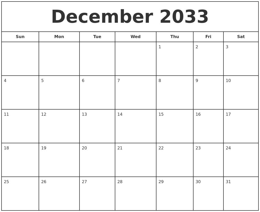 December 2033 Print Free Calendar