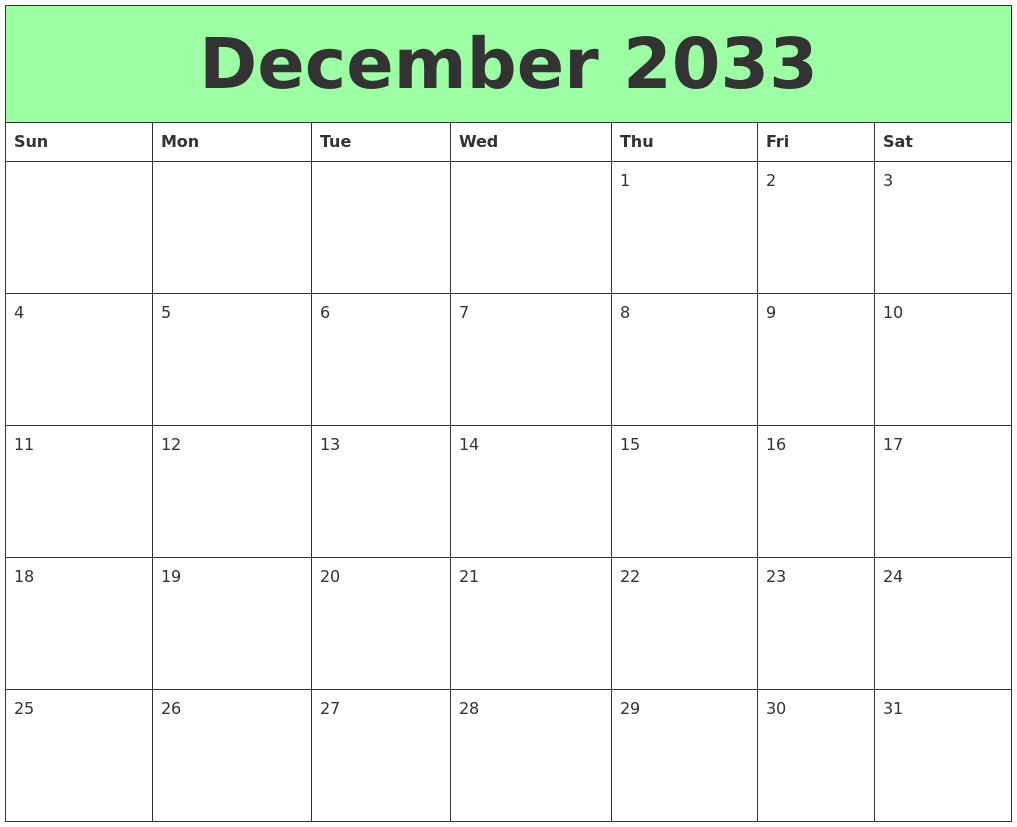 December 2033 Printable Calendars