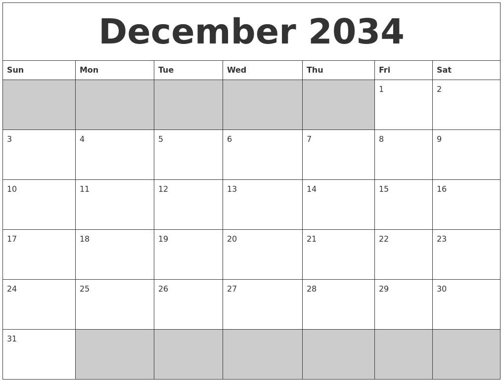 December 2034 Blank Printable Calendar