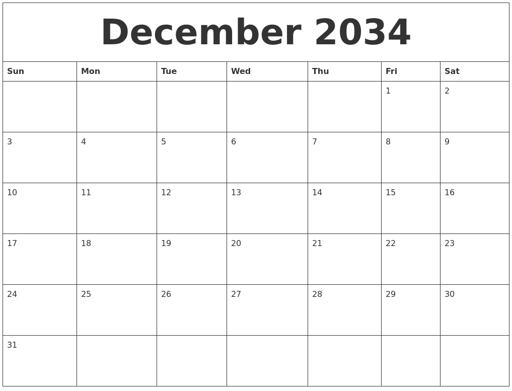 December 2034 Month Calendar Template